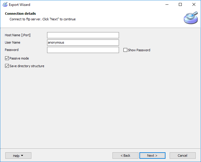 FTP connection settings