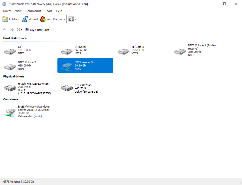 Recovered VMDK file added to the disk list. It's NTFS partition available at 