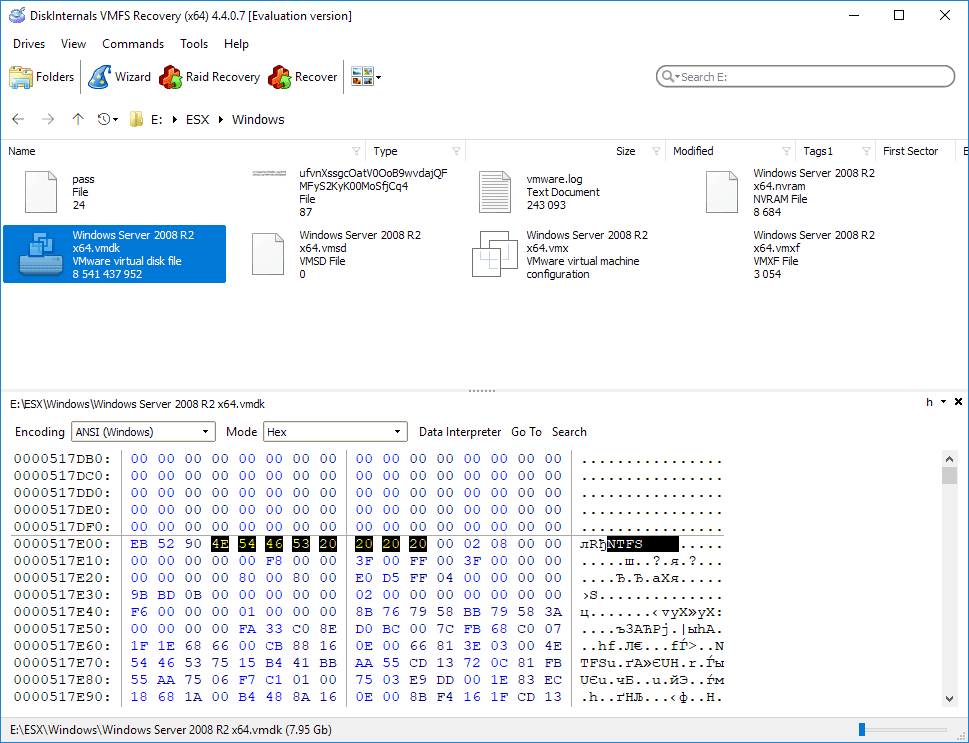 screen with vmdk file with NTFS header at HEX-preview