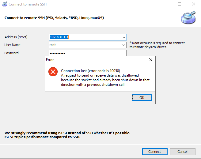 10058 SSH connection error