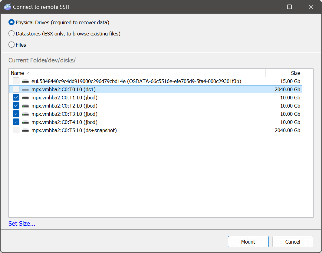 Connecting to VMFS volume, spanned over 4 drives by SSH protocol