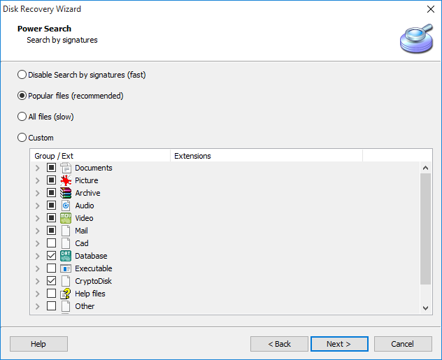 Disk recovery wizard: Power search setup